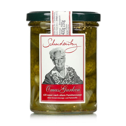 Grandma's cucumbers, sweet and sour pickled, Schudeisky, 400 g