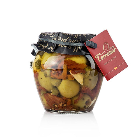 Green olives, pitted, Gordal, with tomato/capers, Torremar SL, 580 g