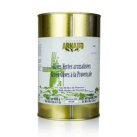 Green olives, pitted, with herbs of Provence, in brine, Arnaud, 4.2 kg