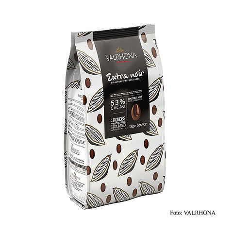 Gebinde-3-Valrhona Extra Noir, dunkle Couverture, Callets, 53% Kakao, 3 kg