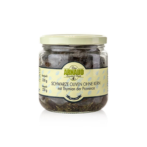 Gebinde-6-Schwarze Oliven, ohne Kern, mit Thymian, in Sonnenblumenöl, Arnaud, 220 g