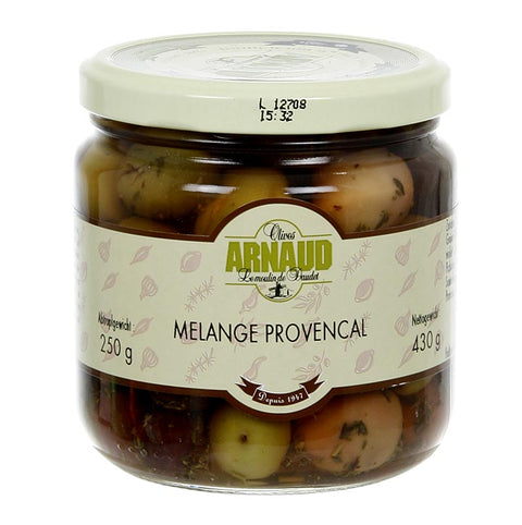 Gebinde-6-Oliven Mischung, Melange Provencal, mit Kern, mit Thymian, in Lake, Arnaud, 430 g