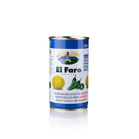 Gebinde-12-Grüne Oliven, ohne Kern, mit Jalapano Chili, El Faro, 350 g