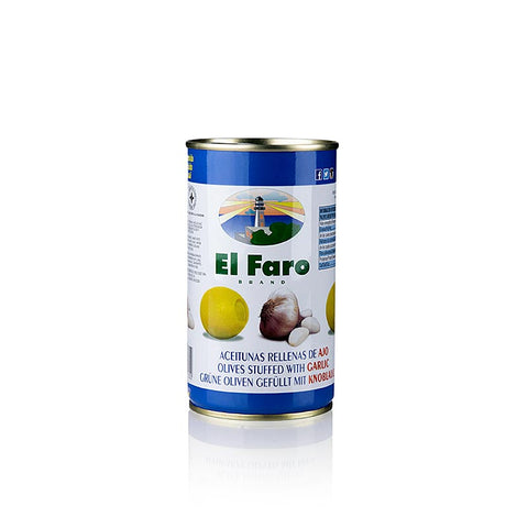 Gebinde-12-Grüne Oliven, ohne Kern, mit Knoblauchpaste, in Lake, El Faro, 350 g