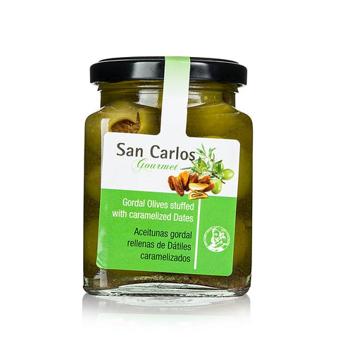 Gebinde-12-Grüne Oliven, ohne Kern, Gordal, mit karamellisierten Datteln, San Carlos, 300 g
