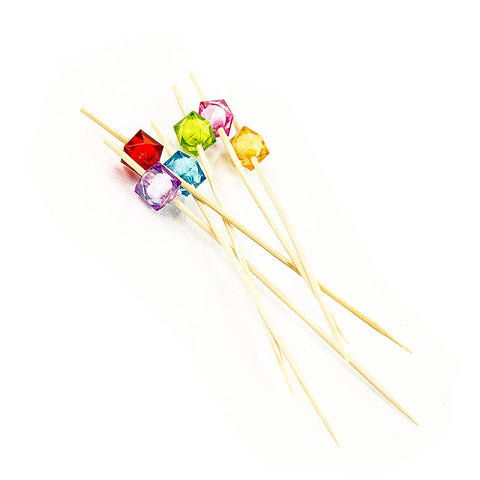 Gebinde-15-Bambus-Spieße,"Square", 12cm, mit bunten, klaren, quad. Perlen, 40 St