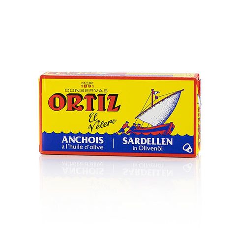 Gebinde-24-Sardellenfilets (Anchovis), in Olivenöl, Ortiz, 47,5 g