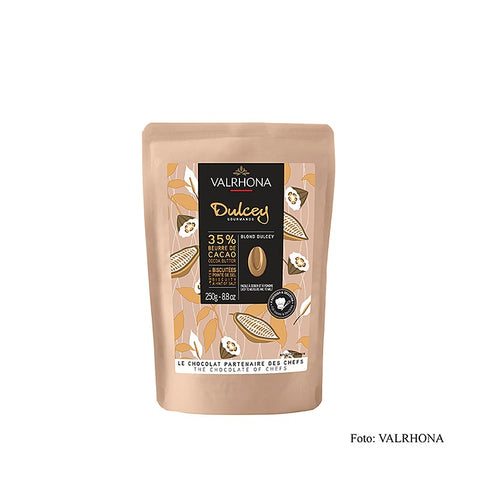 Gebinde-12-Valrhona Dulcey, blonde Couverture, Callets, 35% Kakao, 250 g