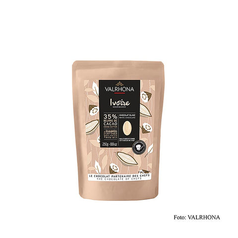 Gebinde-12-Valrhona Ivoire, weiße Couverture, Callets, 35% Kakaobutter, 250 g