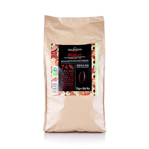 Gebinde-3-Valrhona Millot, dunkle Couverture, 74% Kakao, Callets (31508), BIO, 3 kg