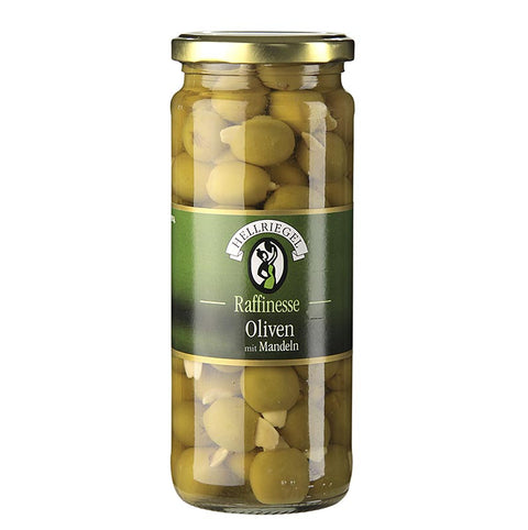 Green olives, pitted, with almonds, in brine, 440 g
