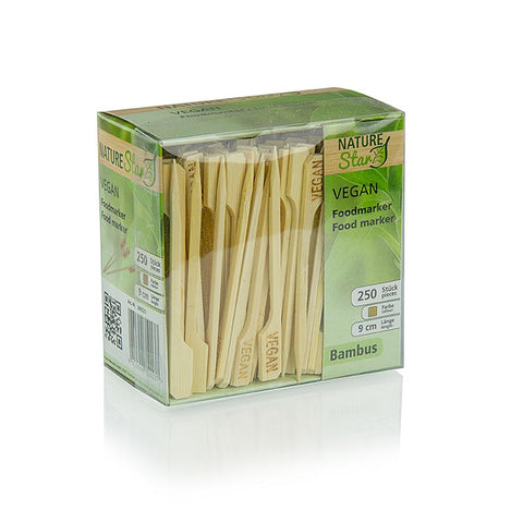 Bamboo skewers, with leaf end, with "Vegan" inscription, 9 cm, 250 pieces