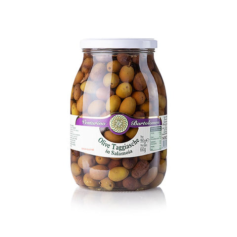 Olive mixture, green &amp; black Taggiasca olives, with pit, in brine, Venturino, 950 g