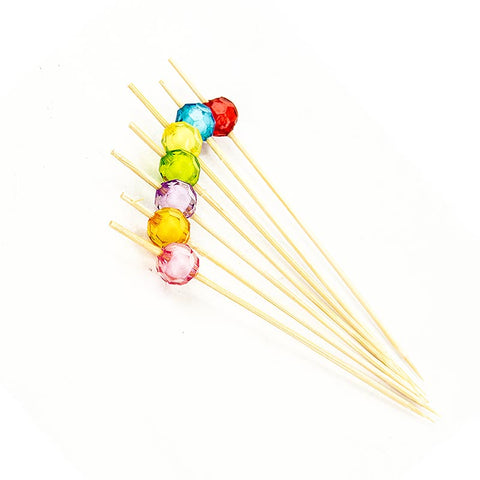 Bambus-Spieße, "Pearl", 12cm, mit bunten, klaren, runden Perlen, 40 St