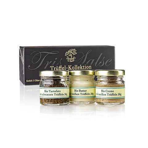 Gebinde-8-Ppura Trüffel-Kollektion (Salsa Tartufata/Creme/Butter), Tartufi di Fassia, BIO, 90 g, 3 x 30g