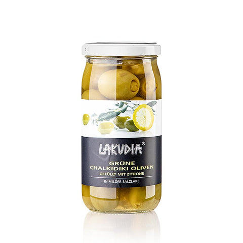 Green olives "Chalkidiki", pitted, with lemon, Lakudia, 355 g