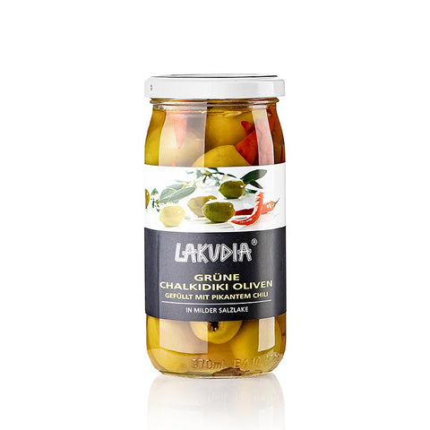 Green olives "Chalkidiki", pitted, with chili, Lakudia, 355 g