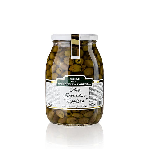 Pack of 4 black olives "Snocciolate", in olive oil, pitted, Taggiasca, 900 g