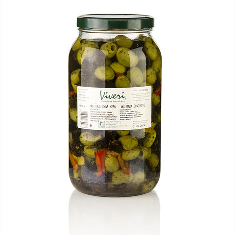 Olive mix, green &amp; black olives, pitted, spicy pickled, Viveri, 3 kg