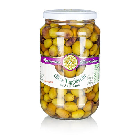 Olive mixture, green &amp; black Taggiasca olives, with pit, in brine, Venturino, 500 g